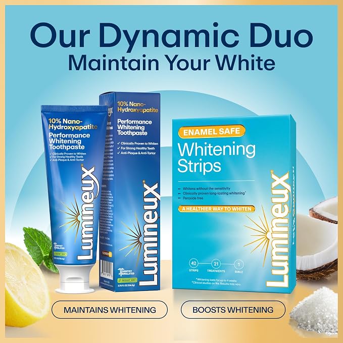 Lumineux Whitening Duo, 2pk 10% nHA Toothpaste 3.75 oz + 9 Whitening Strips | Peroxide-free whitening strips and 10% nano-hydroxyapatite toothpaste