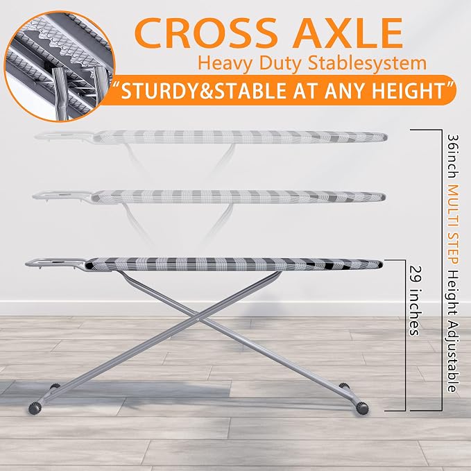 Jakeefud Ironing Board 13" X 43" W/Extra Thick Heavy Duty Padded Cover, Height Adjustable,Heat & Scorch Resistant Fabric, Anti-Skid Feet, Extra Wide, Easy to Fold Checkered Gray