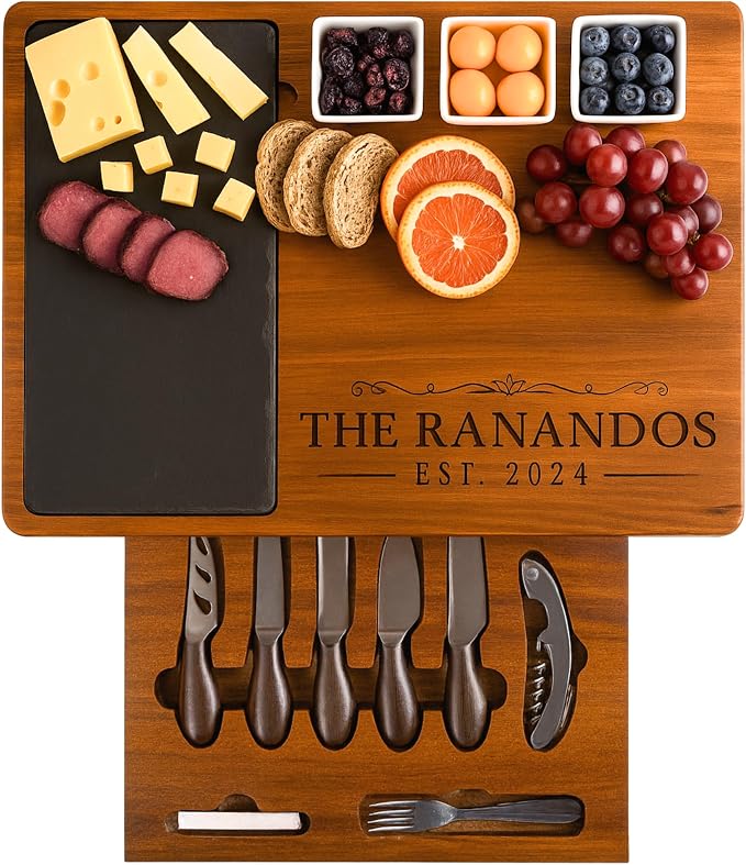 Personalized Acacia Wood Charcuterie Board Set with Stainless Steel Knives – Custom Cheese Board for Wedding, Anniversary, New Mom, Engagement, Housewarming, Bridal Shower, Women, Mother’s Day Gifts