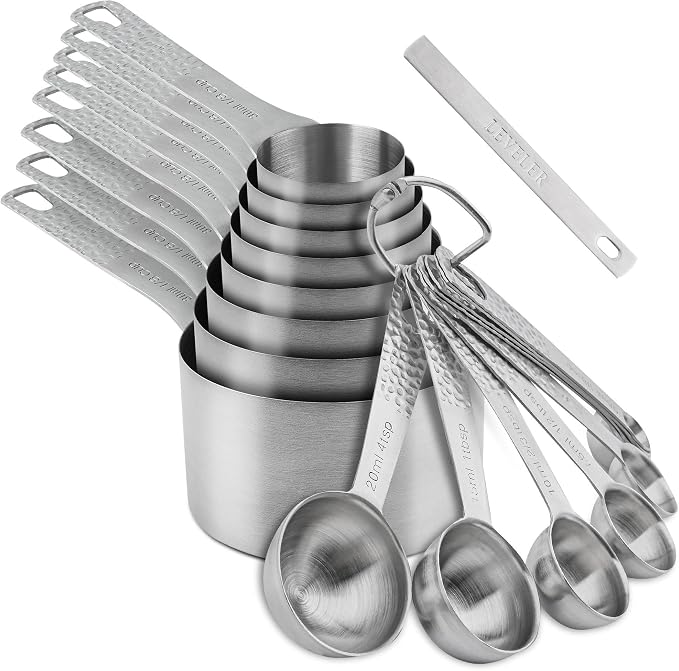 Measuring Cups and Spoons set, 18/8 Stainless Steel Measuring Cups and Spoons, Metal Measuring Tools for Kitchen & Baking, Metric & US Measure Cups and Spoons Set for Dry & Liquid