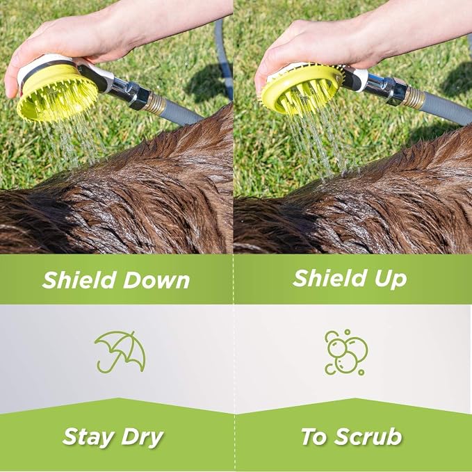 Wondurdog Outdoor Dog Wash Garden Hose Nozzle for Bath and Quick Paw Rinses. Splash Shield Handle and Rubber Grooming Brush. Metal Connection. Swivels on Hose with Water Pressure Control.