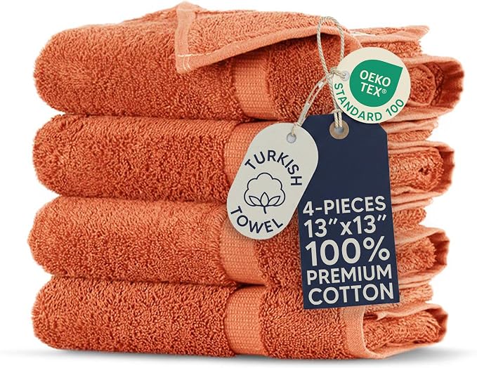 Towel Bazaar 4-Piece Washcloth, 100% Premium Cotton Turkish Towels, 13x13 Luxury Towel Super Soft and Absorbent, Perfect Use for Bathroom, Shower Towels - Coral