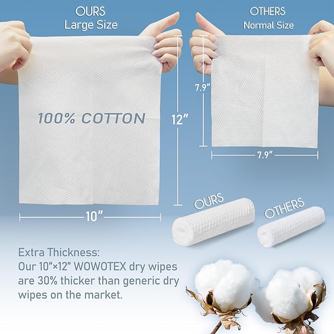 WOWOTEX 100% Cotton Disposable Face Towel 100 Count 10x12 Inch | Biodegradable Thick Soft One Time Use Dry Wipes for Sensitive Skin, Facial Cleaning, Makeup Removal