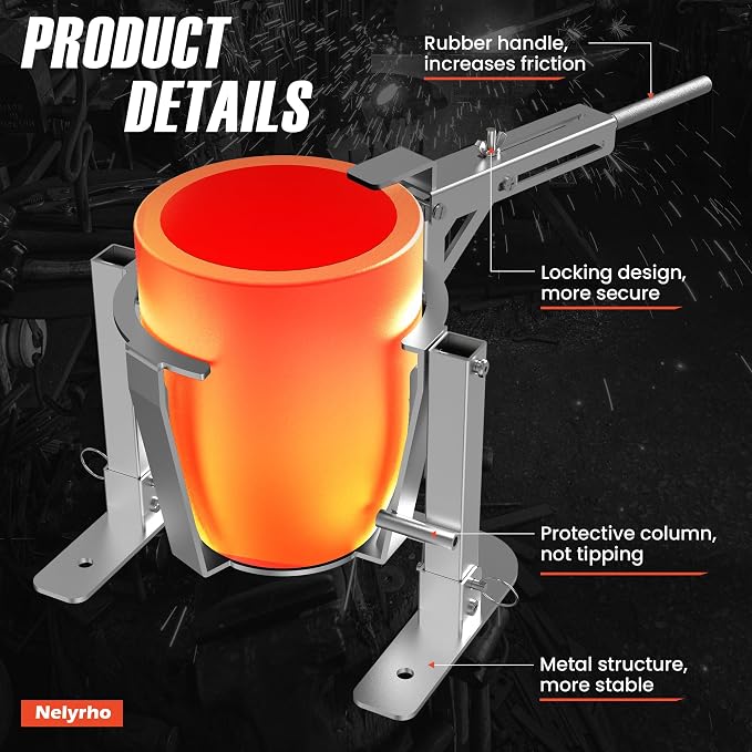 Nelyrho Handheld Crucible Pouring Tongs with Crucible #20 (20kg-44lbs) | Includes pouring rack and graphite crucible, designed for use with melting furnaces, casting gold, silver, aluminium, brass
