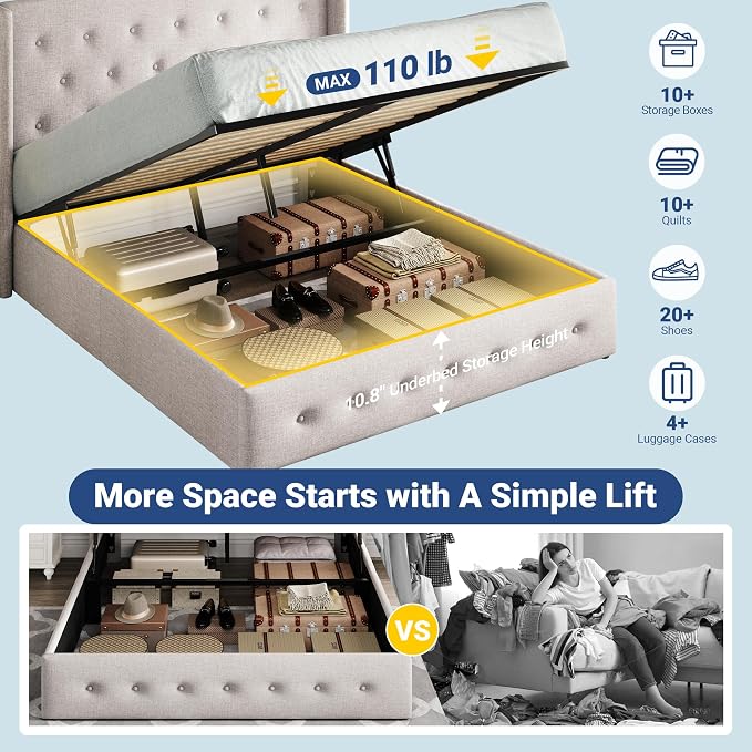 Allewie Queen Size Lift Up Storage Button-Tufted Bed Frame Light Beige | Modern Wingback Headboard, Hydraulic Support Storage, No Box Spring Needed