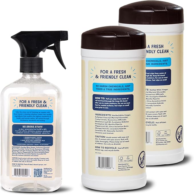 Aunt Fannie's Glass & Window Cleaning Bundle, Vinegar Spray and Wipes, Natural Streak-Free Spray, Pack of 3