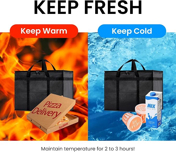 Insulated Food Bag, Portable Cooler Tote (XL Plus, Black, 4 Pack) | Large thermal bag, For cold & hot food, Soft sided cooler, Heavy duty carrier, Grocery shopping, Food delivery, Catering bag