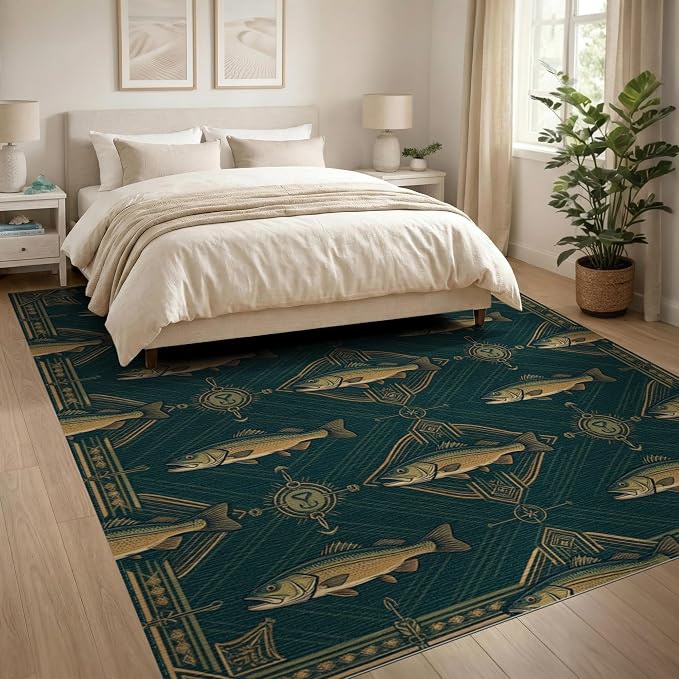 8'x10' Washable Area Rug Bass Cabin Vintage Lure Motifs Tackle Motif Border Fish Fishing Refined for Dining Room, Large Office, Lounge, Non-Slip Chair-Friendly