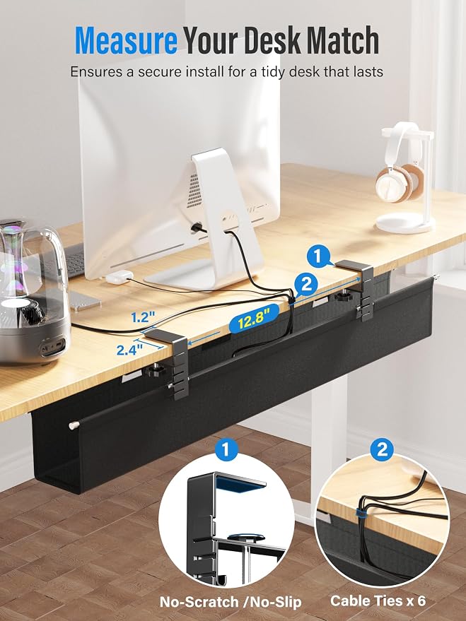 [Upgraded] Large Under Desk Cable Management Tray, Cinati Cable Management Under Desk No Drill, 28.4" Fabric Cord Hider for Wire Organizer, Cord Organizer for Office, Home - Supports Up to 30lbs Black