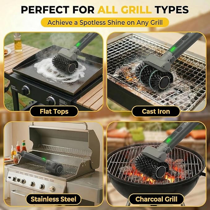 Electric Grill Brush, Cordless Rechargeable Grill Cleaner, 58W BBQ Cleaning Brush with 5200mAh Battery, 150-Min Runtime, 3 Speeds, Angle Adjustable, IPX7 Waterproof, Anti-Shedding for Outdoor Barbecue