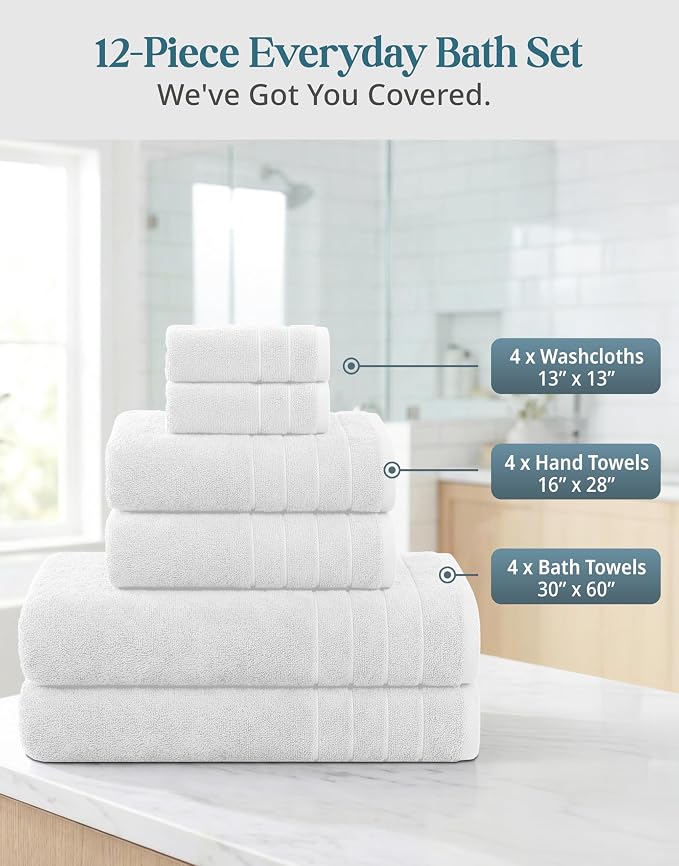 Casa Platino Bath Towel Set 100% Cotton 12 Piece Soft Absorbent - White | Bathroom Towels - Generously Sized, Oversized & Roomy, Lightweight & Breathable, Fade-Resistant Color, Classic Terry Weave