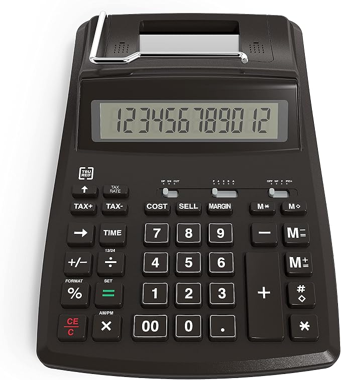 TRU RED 12-Digit Desktop Printing Calculator, Black, Paper Tape Printing, Large Display, Office Accounting & Business Use