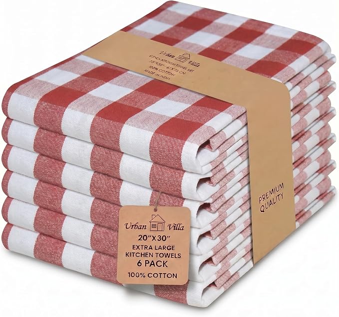 Urban Villa Kitchen Towels Set of 6 Buffalo Checks Rust Kitchen Towels 20X30 Inches 100% Cotton Highly Absorbent Kitchen Towels Premium Quality Ultra Soft Mitered Corners KitchenTowels