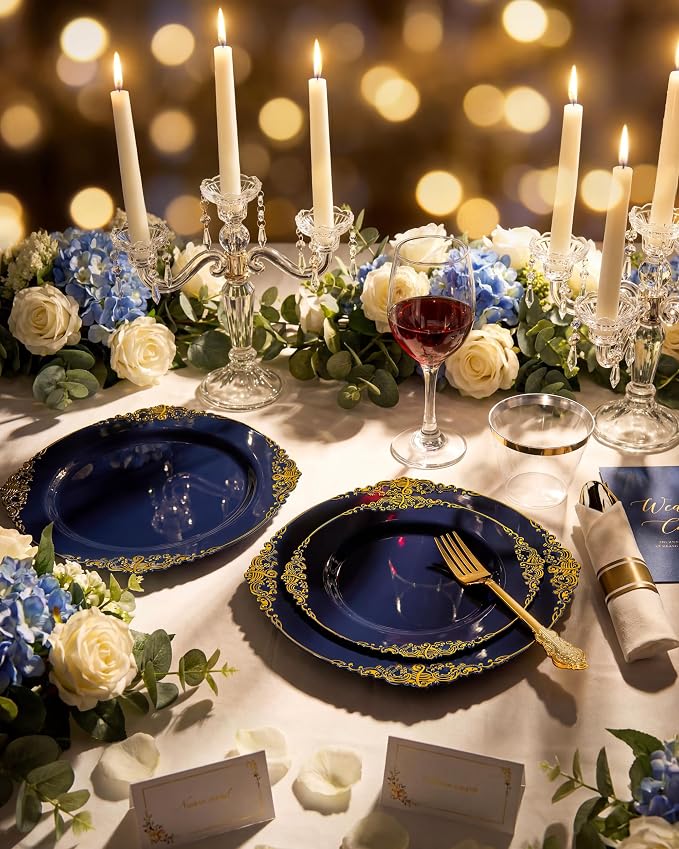 Nervure 350Pcs Blue Plastic Plates - Blue Gold Plastic Dinnerware Sets for 50 Guests - 100 Navy Gold Disposable Plates, 50 Pre Rolled Silverware, 50 Cups Perfect for Wedding & Party & Memorial Day