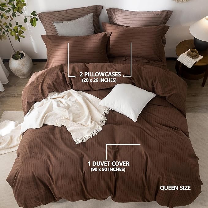 Stripe Duvet Cover Queen Size 90inch x 90inch,100% Washed Cotton Pinstripe Duvet Cover with Zipper Closure and 2 Pillowcases, Color of Cocoa Brown-Black Stripe