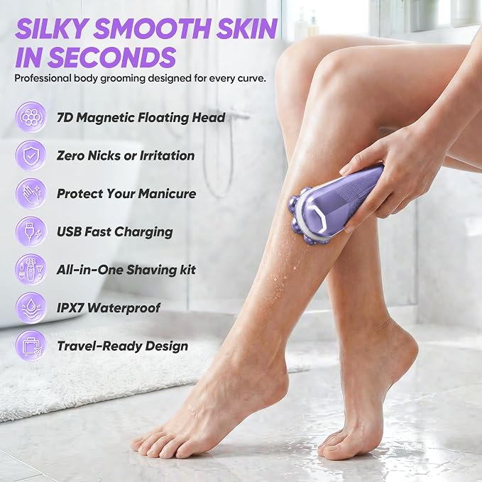 Electric Shaver for Women, Electric Razor with 7D Magnetic Shaver Heads, Wet Dry Bikini Trimmer Kit for Women & Men, Nose Ear Hair Trimmer, USB Rechargeable Clippers, Purple
