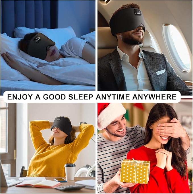 LC-dolida Bluetooth 5.4 Sleep Mask, Ice Silk Sleep Headphones for Side Sleepers, Adjustable Blackout Eye Mask with Bluetooth Headphones, Ultra-Soft Sleeping Mask for Women & Travel (Black)