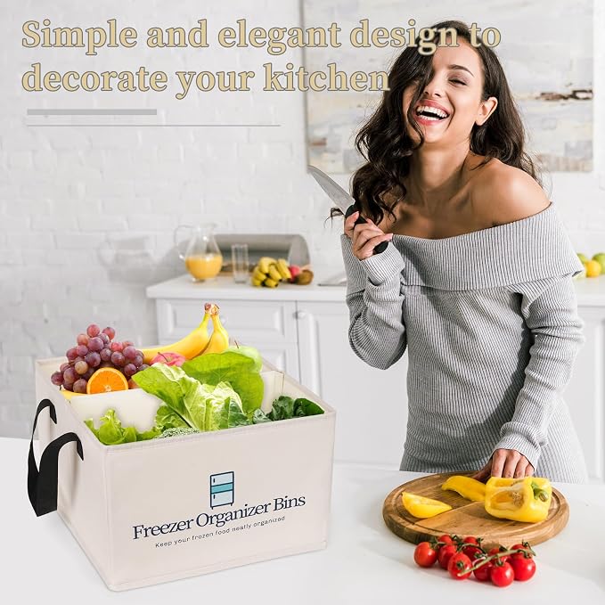 Flenpptly Freezer Organizer Bins, 2 Pack Freezer Storage Bins, Light Grey | 15"x14"x9" Collapsible Deep Freezer Organizer Bins with Removable Dividers, Handles