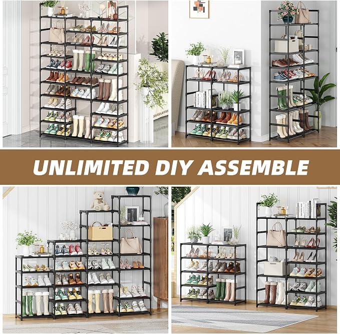 Ekisemio Shoe Rack Large Capacity 72 Pairs Tall Shoe Shelf, 3 Row 12 Tiers Sturdy Metal Shoe Organizer for Entryway, Closet, Bedroom, Black