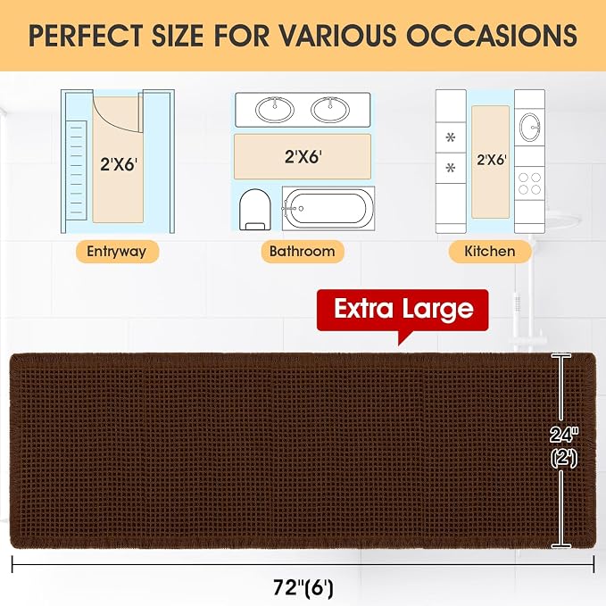 Extra Large Waffle Bath Mat Brown 6'x2'(72" x 24"), Boho Woven Modern Bath Mat Rugs, Absorbent Non Slip Bathroom Rugs, Soft Washable Bath Rugs with Tassels for Bathroom, Bedroom, Kitchen, Shower, Tub