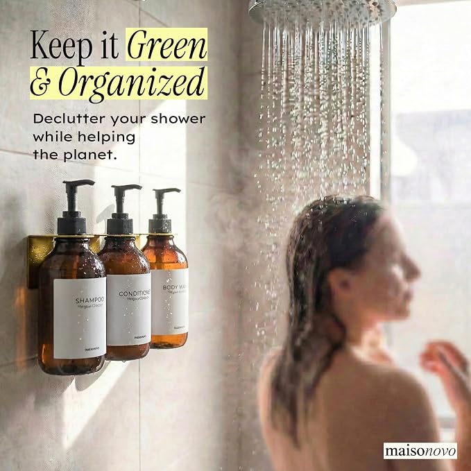 Shampoo and Conditioner Dispenser Wall Mounted Set of 3 Amber Gold - No Drill Shower Soap Dispenser for Bathroom Refillable - Spa Hotel Style Accessories by MaisoNovo