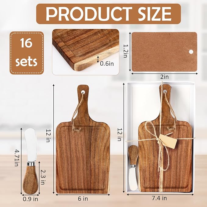 Geetery 16set Acacia Wood Charcuterie Board with Knife Wooden Serving Tray with Groove Acacia Wood Cutting Board with Card and Gift Box for Wedding Baby Shower Housewarming Gift (12 x 6 Inches)