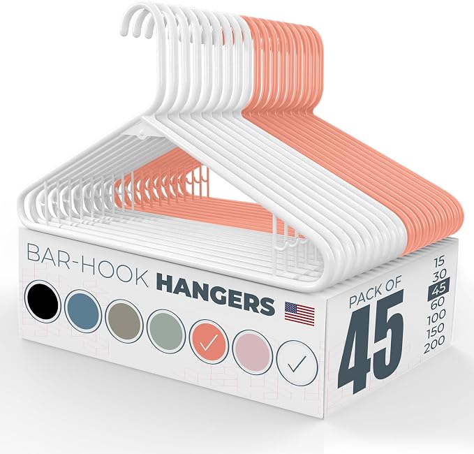 Plastic Hangers 45 Pack - Made in the USA - 6lb Capacity Standard Clothes Hangers with Strap Hooks for Dresses, Lingerie, Shirts, Pants, and Jackets - White & Orange