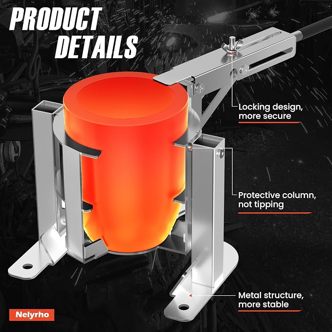 Nelyrho Handheld Crucible Pouring Tongs with Crucible #25 (25kg-55lbs) | Includes pouring rack and graphite crucible, designed for use with melting furnaces, casting gold, silver, aluminium, brass