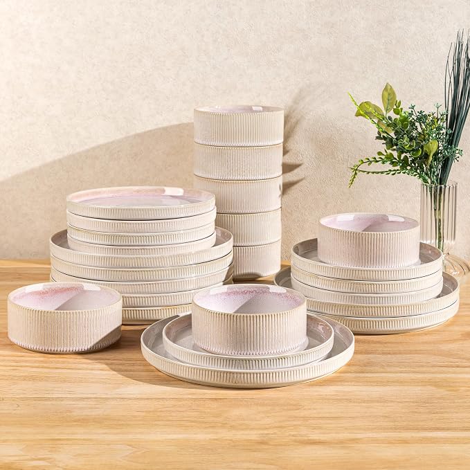 TheTerra Ceramic Dinnerware Sets for 8, 24 Pieces Porcelain Lightweight Plates and Bowls Sets, Scratch Resistant Dish Set, Oven & Microwave & Dishwasher Safe, Primrose Pink