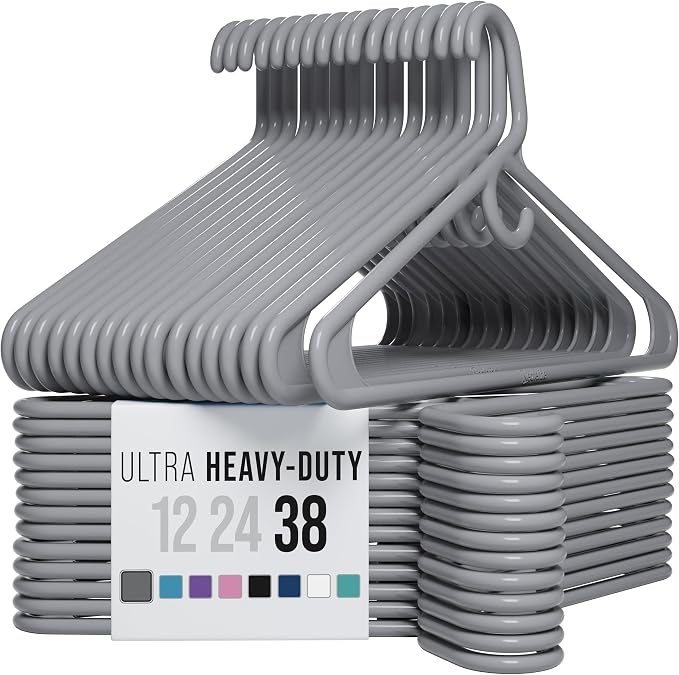 NEATERIZE Thick Heavy Duty Hangers - Grey Plastic Clothes Hangers 38 Pack - Great for Coat Hanger, Jackets Jeans & Suit Hanger for Closet - New Apartment Essentials Percheros Ganchos para Colgar Ropa
