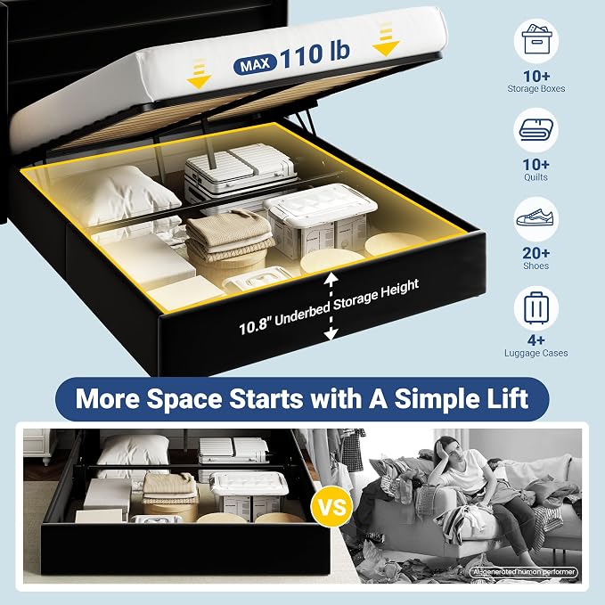 Allewie Queen Size Lift Up Hydraulic Storage Bed Frame Black | Modern Wingback Headboard, Hydraulic Support Storage, No Box Spring Needed