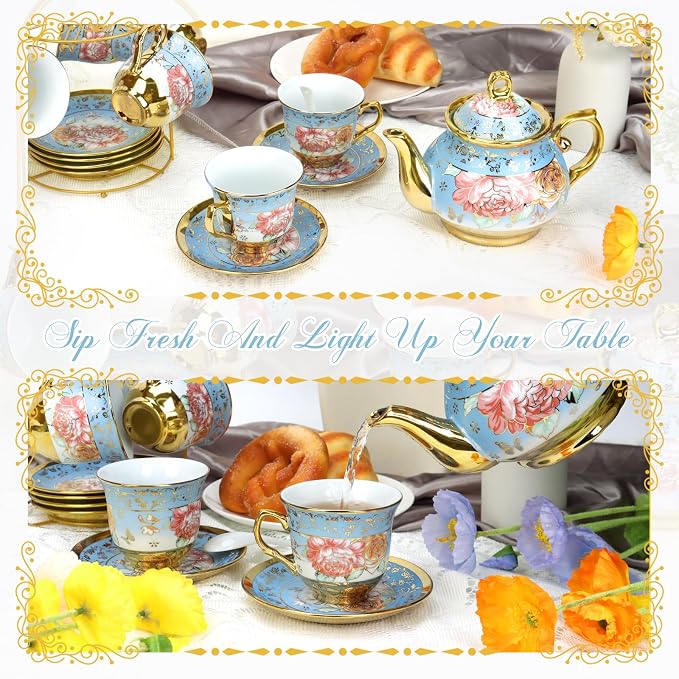 ALIMOTA 20 Pcs Porcelain Tea Set with Metal Holder and Spoon, European Ceramic Tea Set for Adults, European Flower Painting Teapot Cup Saucer Spoon Set for 6, Gift Pack (Blue)
