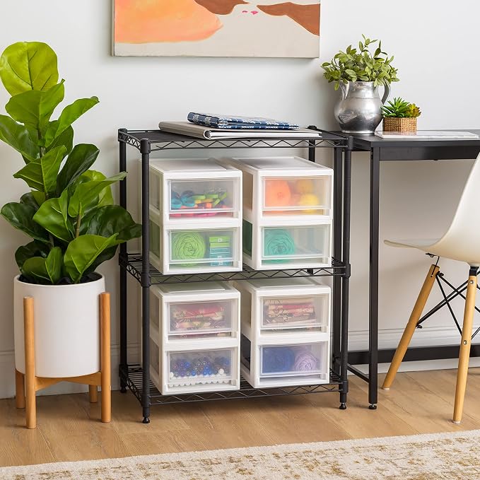 IRIS USA 6 Qt. Small Plastic Stacking Drawer, Stackable Storage Organizer Unit with Sliding Drawer for Bedroom Kitchen Under Sink Pantry Craft Room Dorm Office, White, 8-Pack