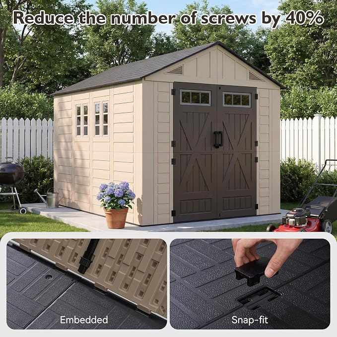 Aoxun 8x10 Ft Outdoor Storage Shed with Floor, Large Resin Outdoor Shed with Lockable Door & Windows, Garden HDPE Sheds for Lawn Tools, Pool Supplies & Bikes