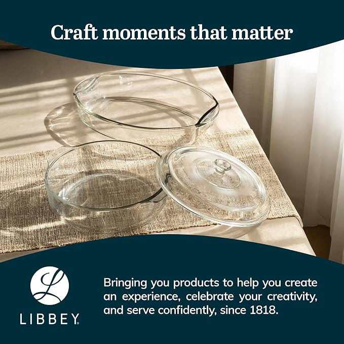 Libbey Baker's Basics 2 Piece Casserole Dish with Lid - Elegant Glass Casserole Dishes for Oven - Versatile Baking Dishes to Store Leftovers and More
