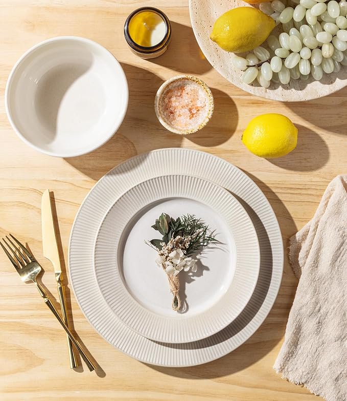TheTerra Ceramic Dinnerware Sets for 6, 18 Pieces Porcelain Lightweight Plates and Bowls Sets, Scratch Resistant Dish Set, Oven, Microwave & Dishwasher Safe, Cream White