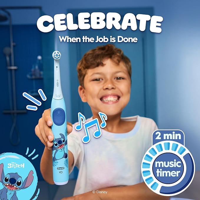 Oral-B iO Kids Rechargeable Electric Toothbrush, Stitch with 1 Brush Head - Automatic Pressure Sensor - 3 Cleaning Settings - 2 Min Music Timer - 28 Day Battery Life