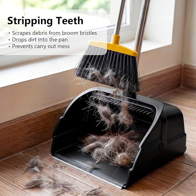 Jumbo Commercial Dustpan with Wheels & Comb Teeth - Heavy Duty 14.2" Rolling Debris Pan - Long Handle Extra Large Upright Dust Pan for Industrial Warehouse Garage Restaurant Sidewalk Outdoor - Black