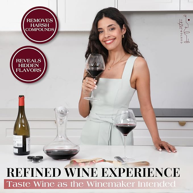 Gusto Nostro Crystal Wine Decanter Set with Drying Stand, Corkscrew, Marble Stopper, Cleaning Beads - 750ml Hand Blown Glass Wine Carafe Decanter with Stopper - Luxury Gift Set for Decanting Red Wines