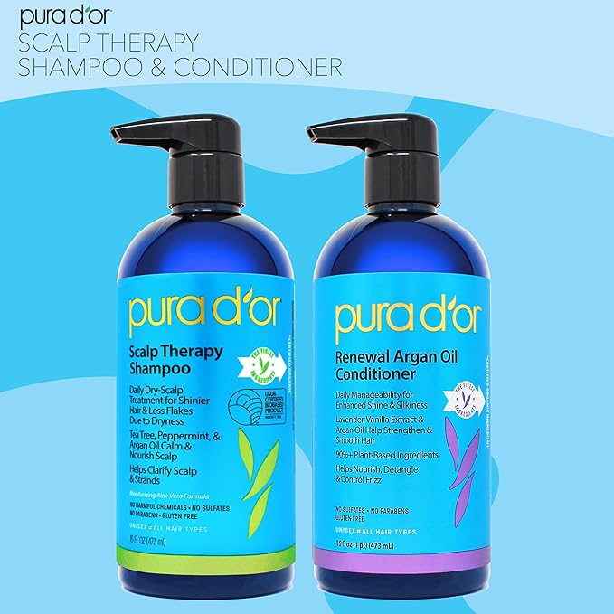 PURA D'OR Scalp Therapy Shampoo & Conditioner Set (16oz x 2) Dry, Itchy Scalp-Hydrates & Nourishes Hair w/Tea Tree, Peppermint, Argan Oil & Biotin, All Hair Type, Men Women (Packaging Varies)