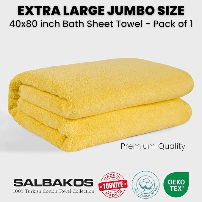 SALBAKOS Luxury 100% Turkish Cotton Bath Sheet 40x80 in (1-Piece, Yellow) | Extra Large Jumbo Oversized Bathroom and Beach Towel, Super Soft Highly Absorbent Thick Premium Hotel Quality, Made in Turkey