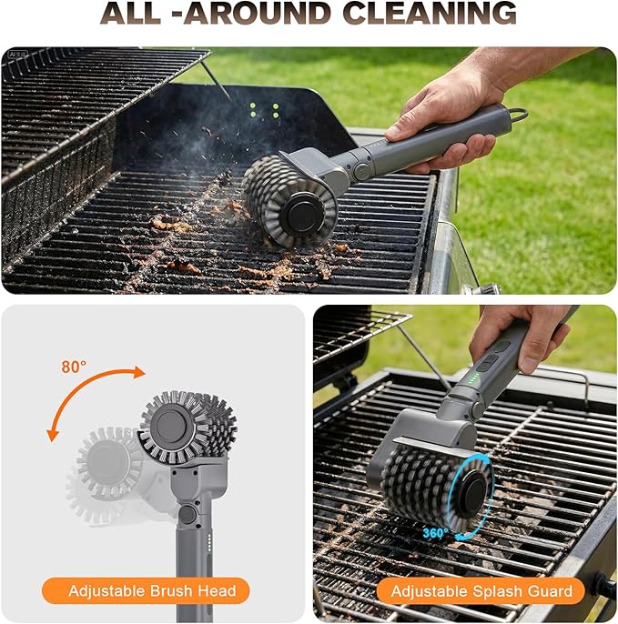 Electric Grill Brush, Cordless Rechargeable Electric Grill Cleaner with 2 Heads, 3 Speeds, Angle Adjustable, 150-Min Runtime BBQ Brush for Outdoor Barbecue Grates