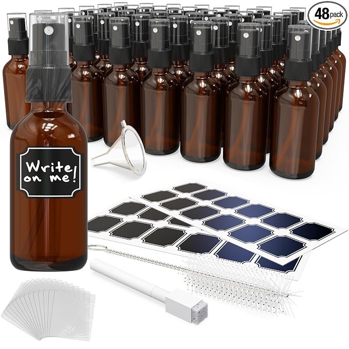 Nevlers Small Spray Bottle 2 Oz 48 Pack | Amber Glass Spray Bottles for Cleaning, Oils, Perfume Alcohol & More | Mist Bottle Set w/Shrink Wrap, Funnel, Brush, Labels & Marker | Small Glass Bottles