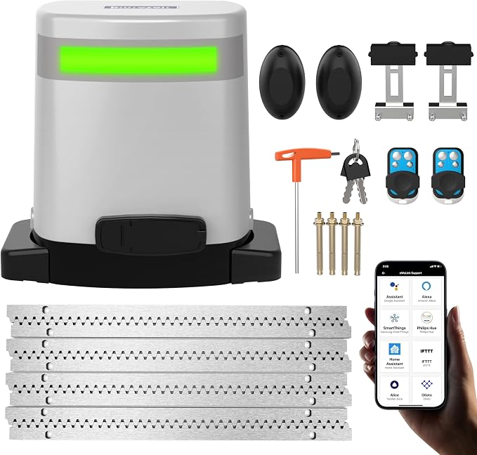 Blütezeit 1400lb Sliding Gate Opener, Solar Power | WiFi Control | Battery Backup, Rack-Drive Automatic Slide Gate Motor with IR Sensor Remote Complete Kits (Solar Panel NOT Included)