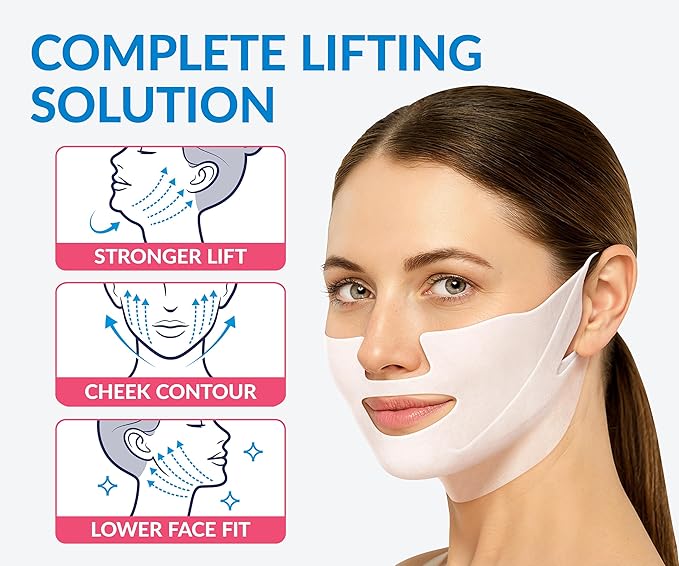 Stylia MaxiLift V-Line Lifting Collagen Face Mask - Double Chin Strap - Jawline Shaper - Neck Firming and Tightening Mask with Hyaluronic Acid & Aloe Vera - Chin Strap for Sleeping (10PC)