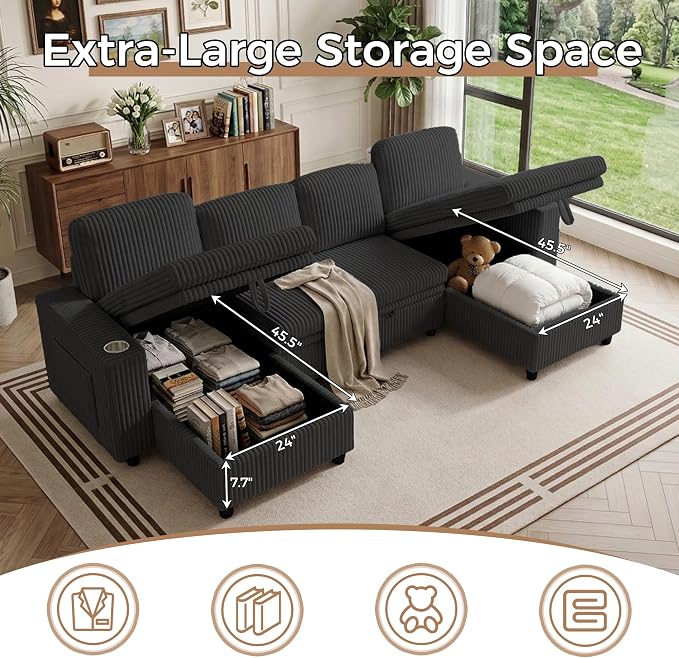 U-Shaped Couch with Pull-Out Bed. Sectional Sleeper Sofa, Black | Hidden Storage, USB & Type-C Port, Cup Holders, Cloud Corduroy, Modular Design for Living Room, Apartment, Easy Assembly