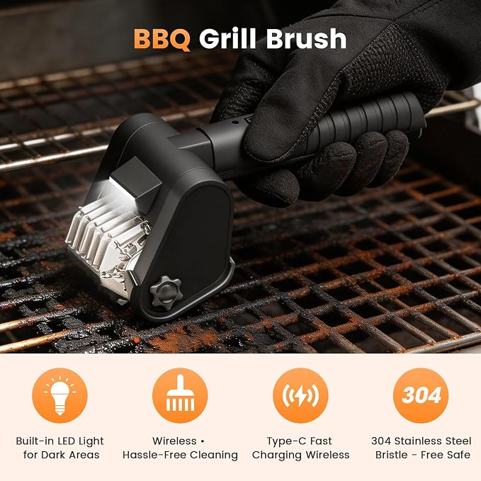 Electric Grill Brush BBQ Grill Cleaning Brush 450 RPM Stainless Steel Removable Head Type-C Rechargeable with LED Light Grill Cleaner Brush