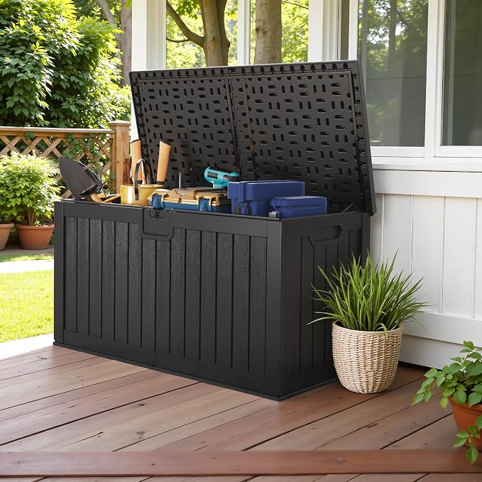 Devoko HDPE 240 Gallon Deck Box Double-Wall with Divider | Large Outdoor Storage Box Side Handles, Waterproof and Lockable for Patio Furniture, Garden, Pool