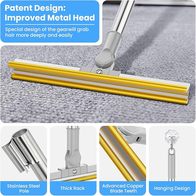 3 in 1 Carpet Rake for Pet Hair Removal, Gray | Tool Set of 3, 55" Long Handle, Carpet Pet Hair Removal Carpet Scraper, Dog Cat Hair Remover for Sofa, Couch, Car, Rug