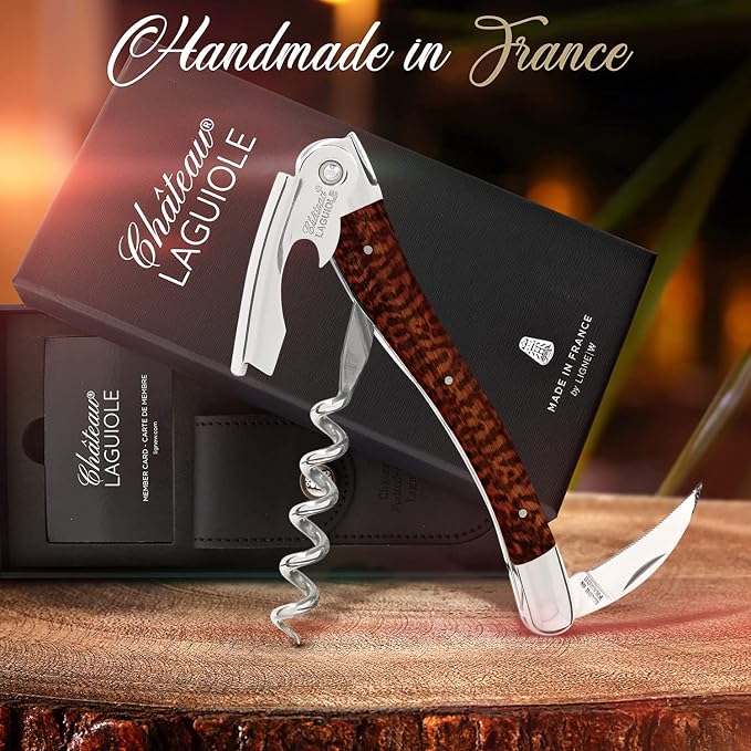 Chateau Laguiole Classic Corkscrew - Snake Wood Luxury Wine Opener - Made in France - Sommelier Wood Handle With Leather Sheath & Gift Box